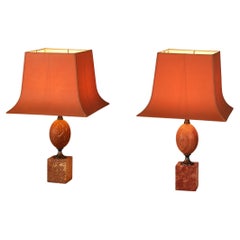 Delicate Pair of French Table Lamps in Red Travertine and Brass 