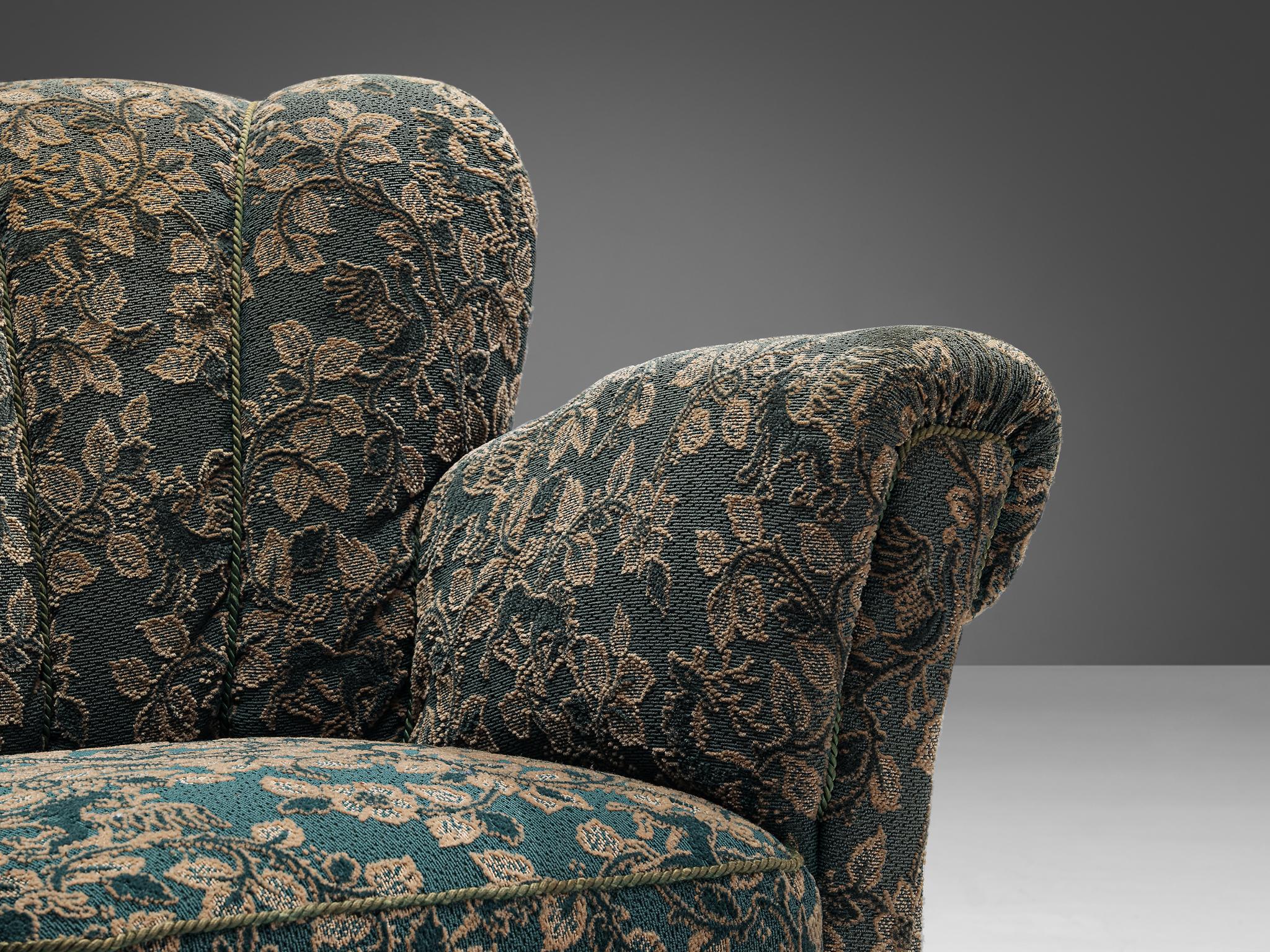 Delicate Pair of Lounge Chairs in Green and Beige Floral Upholstery  For Sale 1