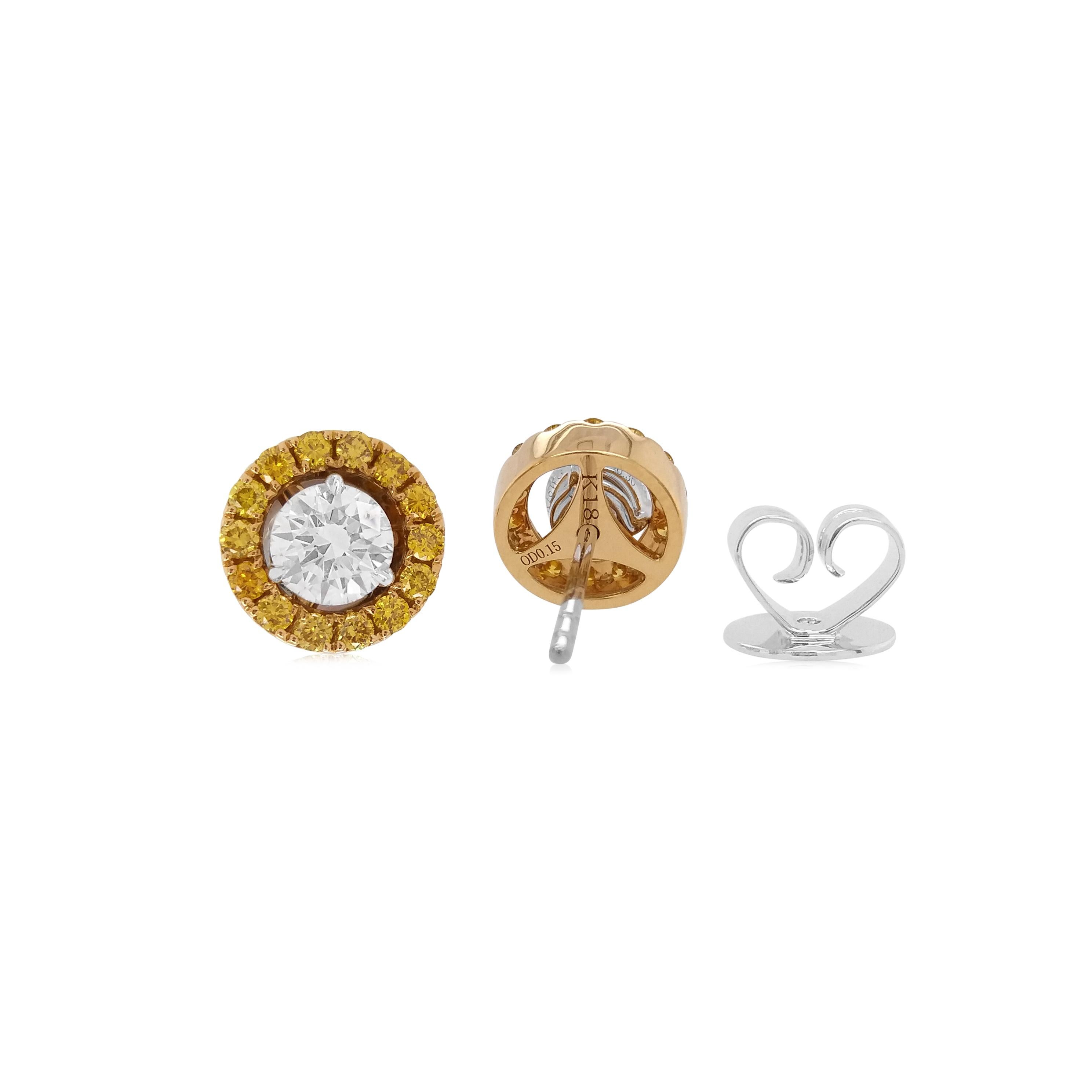 Modernist GIA Certified Round Brilliant cut White and Yellow Diamond 18K Gold Earrings For Sale