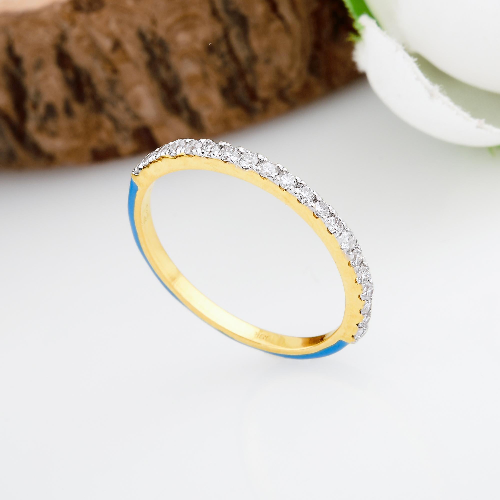 in vendita:  Delicato anello a mezza eternità con diamante Pave e smalto blu in oro giallo 14 carati 6