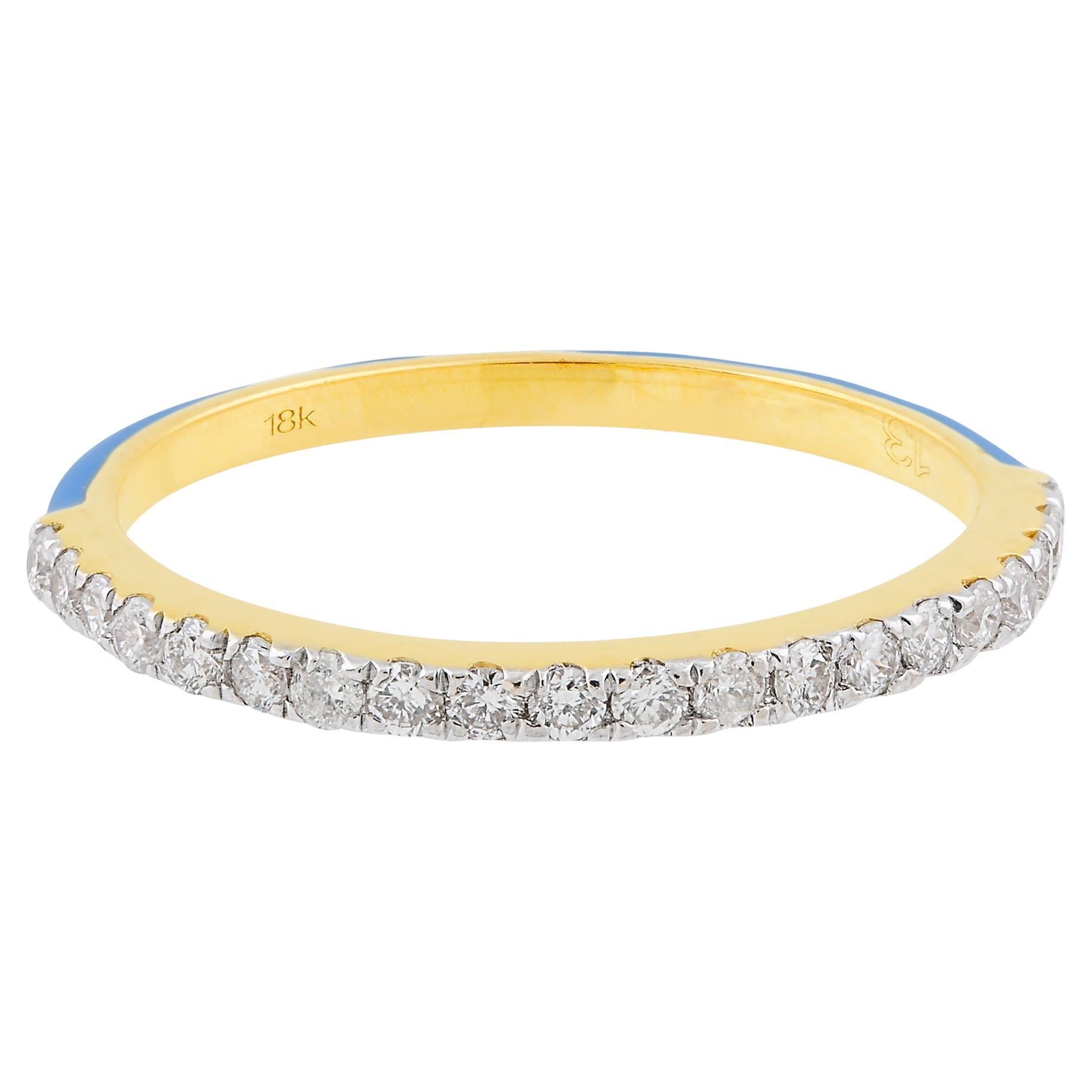 Bague demi-éternité en or jaune 14 carats avec diamant pavé et émail bleu