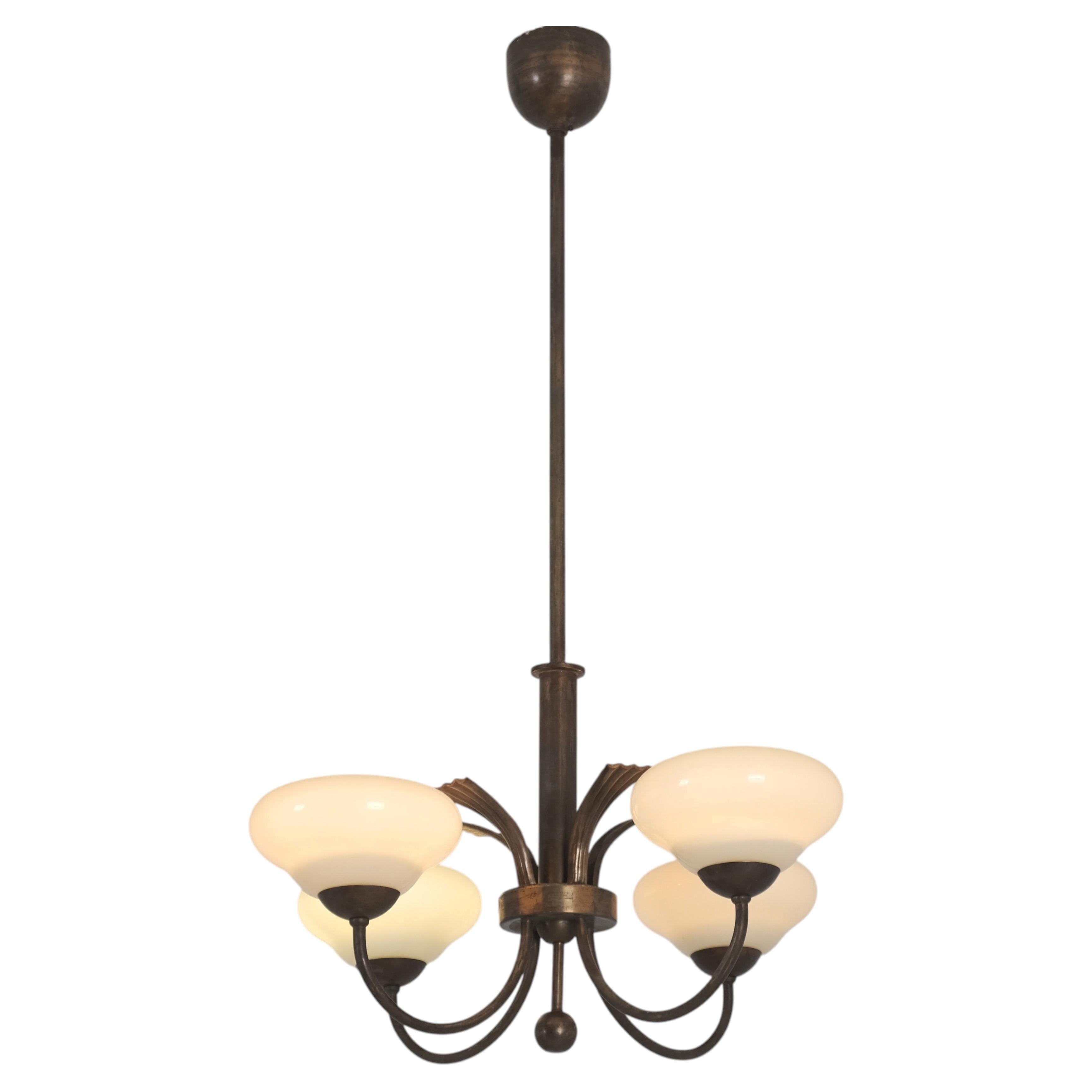 Delicate Chandelier, Patinated Brass & Glass, Antti Hakkarainen, Finland 1930s For Sale
