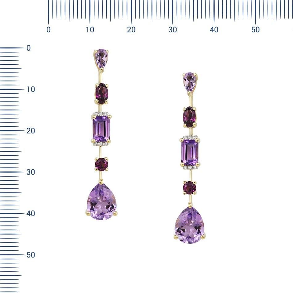 Earrings Yellow Gold 14 K (Matching Ring Available)
Diamond 12-Round 57-0,045-4/6A
Garnet 4-1,106 1/2A
Amethyst 2-1,157 2/2A
Amethyst 4-Pear-3,834 2/2A
Weight 5.22 grams

With a heritage of ancient fine Swiss jewelry traditions, NATKINA is a Geneva