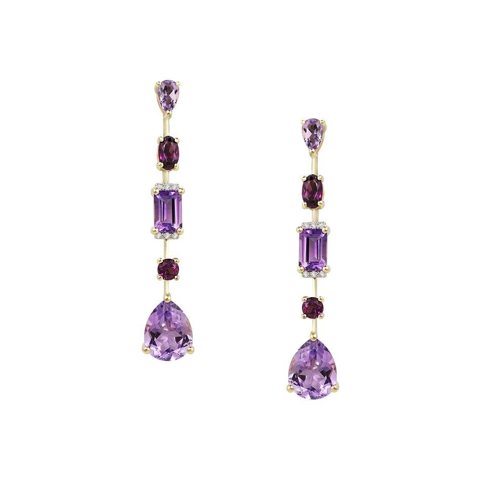 Delicate Precious Diamond Garnet Amethyst Fabulous Yellow Gold Earrings