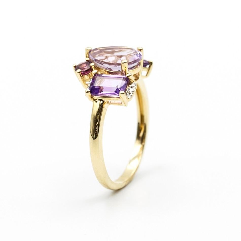Ring Yellow Gold 14 K (Matching Earrings Available)
Diamond 6-Round 57-0,025-4/6A
Garnet 2-0,515 2/2A
Amethyst -1-Round-0,09 2/2A
Amethyst 1-Pear-1,65 1/1A
Amethyst 1-0,49 2/2A
Weight 3.05 grams
Size 17

With a heritage of ancient fine Swiss jewelry