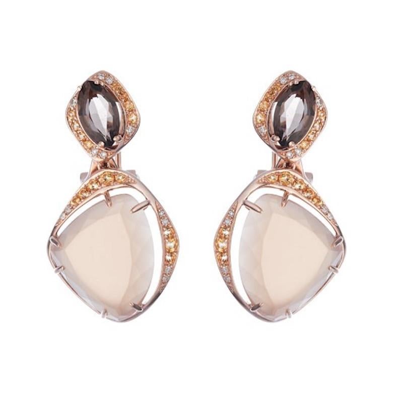 Earrings Yellow Gold 14 K
Diamond 24-Round 57-0,1-5/6A
Quartz 2-1,53 2/1A 
Yellow Topaz 32-0,43 ct 
Moonstone 2-15,2 ct
Weight 9.35 grams

With a heritage of ancient fine Swiss jewelry traditions, NATKINA is a Geneva based jewellery brand, which