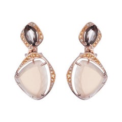 Delicate Quartz Moonstone Yellow Topaz White Diamond Yellow Gold Drop Earrings