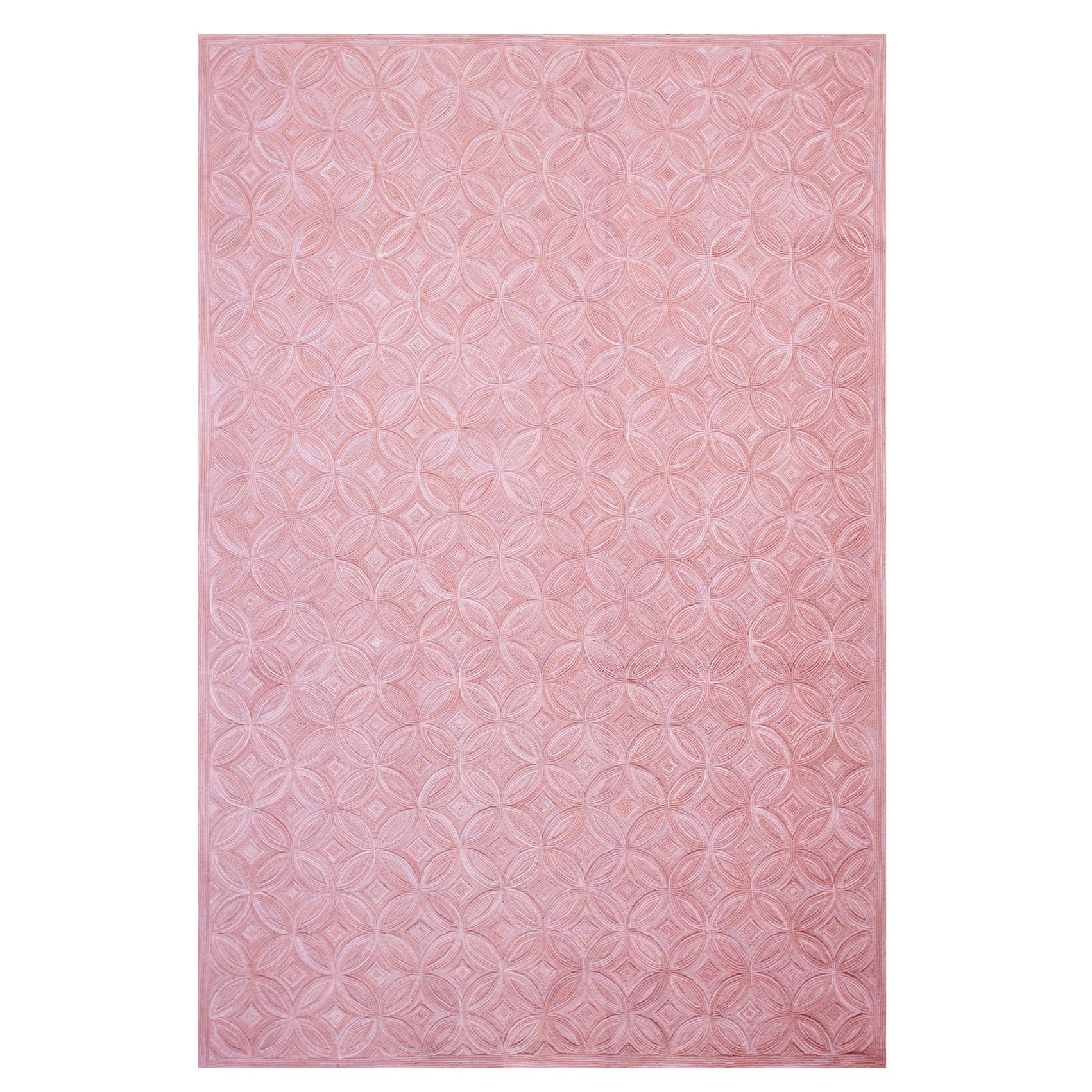 Delicate Rose Background with Geometric Pattern Contemporary American Hooked Rug For Sale