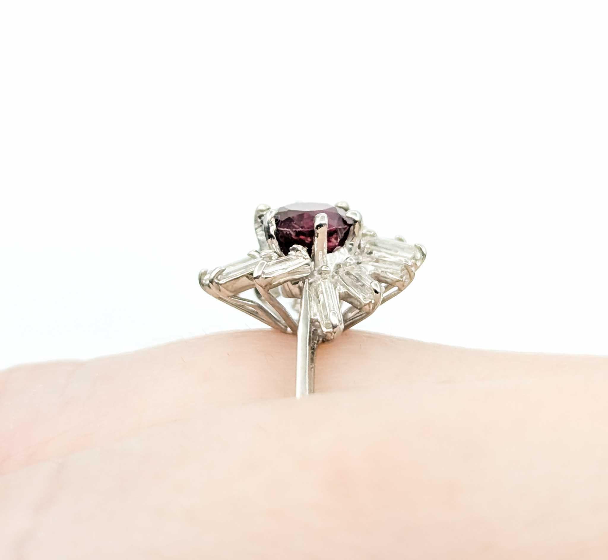 Retro Delicate Ruby & Diamond Swirl Ring in 18k White Gold For Sale