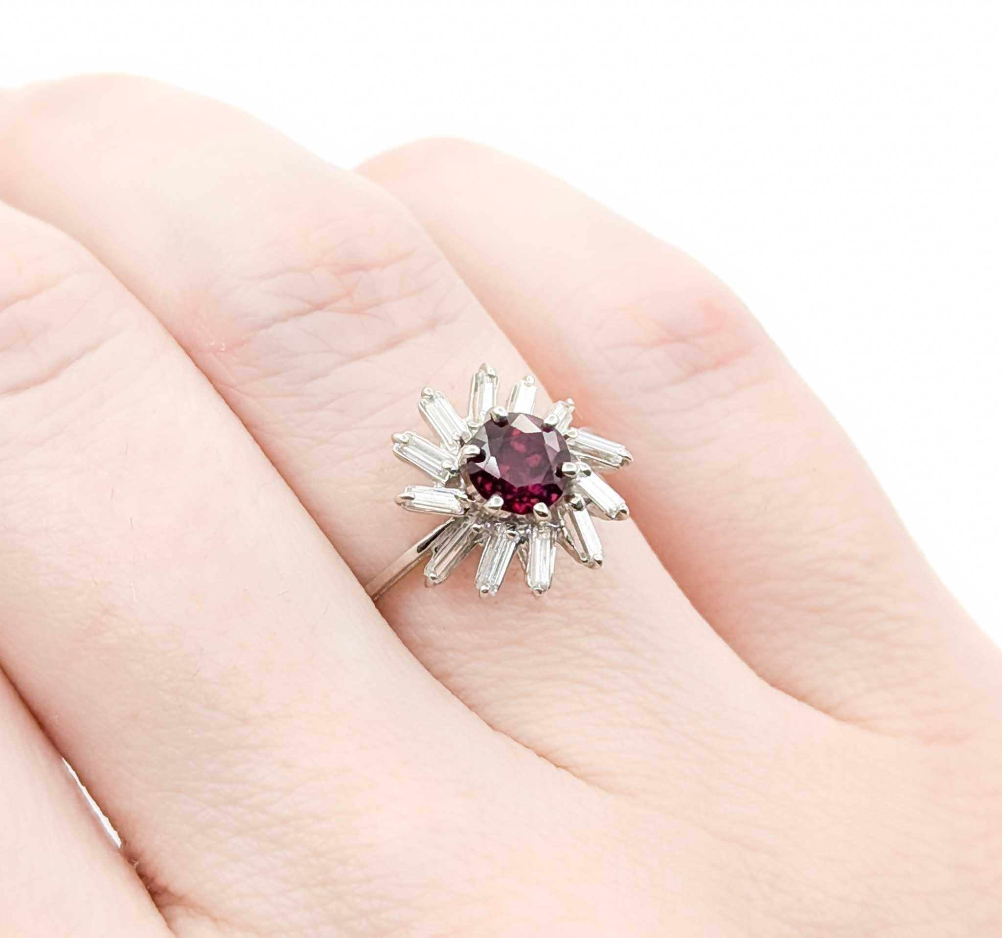Round Cut Delicate Ruby & Diamond Swirl Ring in 18k White Gold For Sale