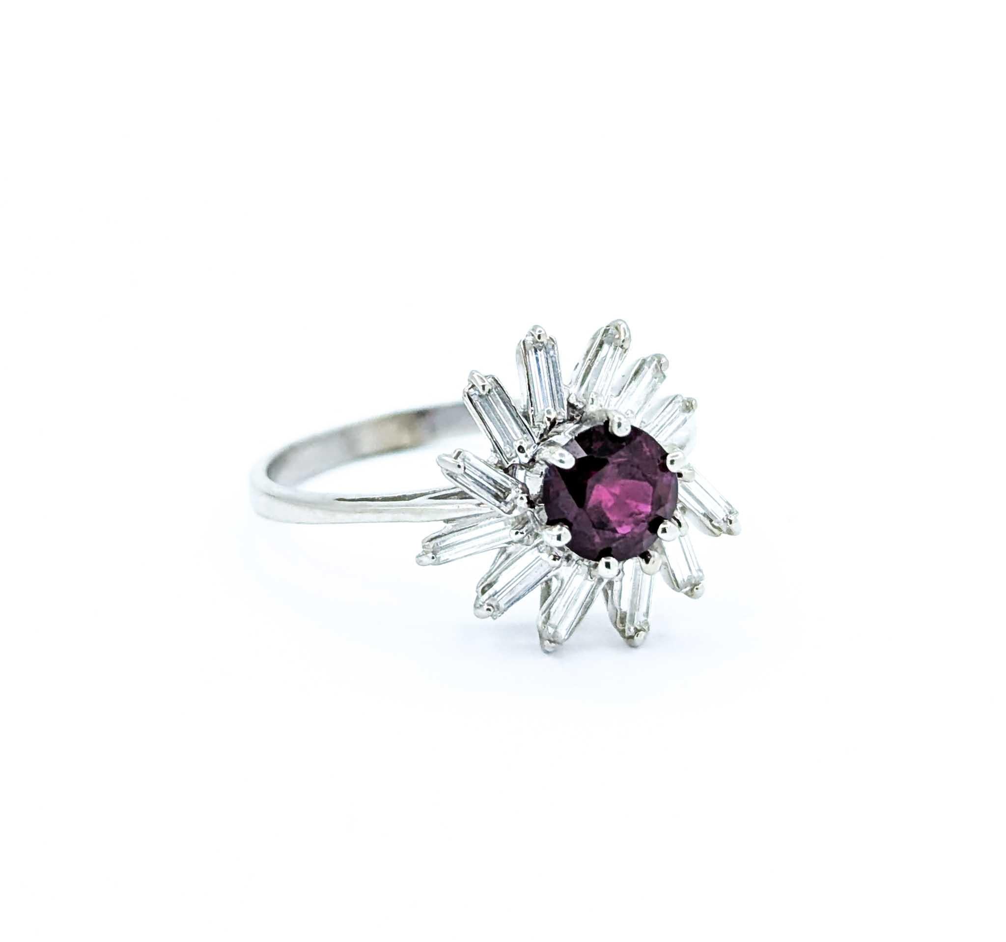 Women's Delicate Ruby & Diamond Swirl Ring in 18k White Gold For Sale