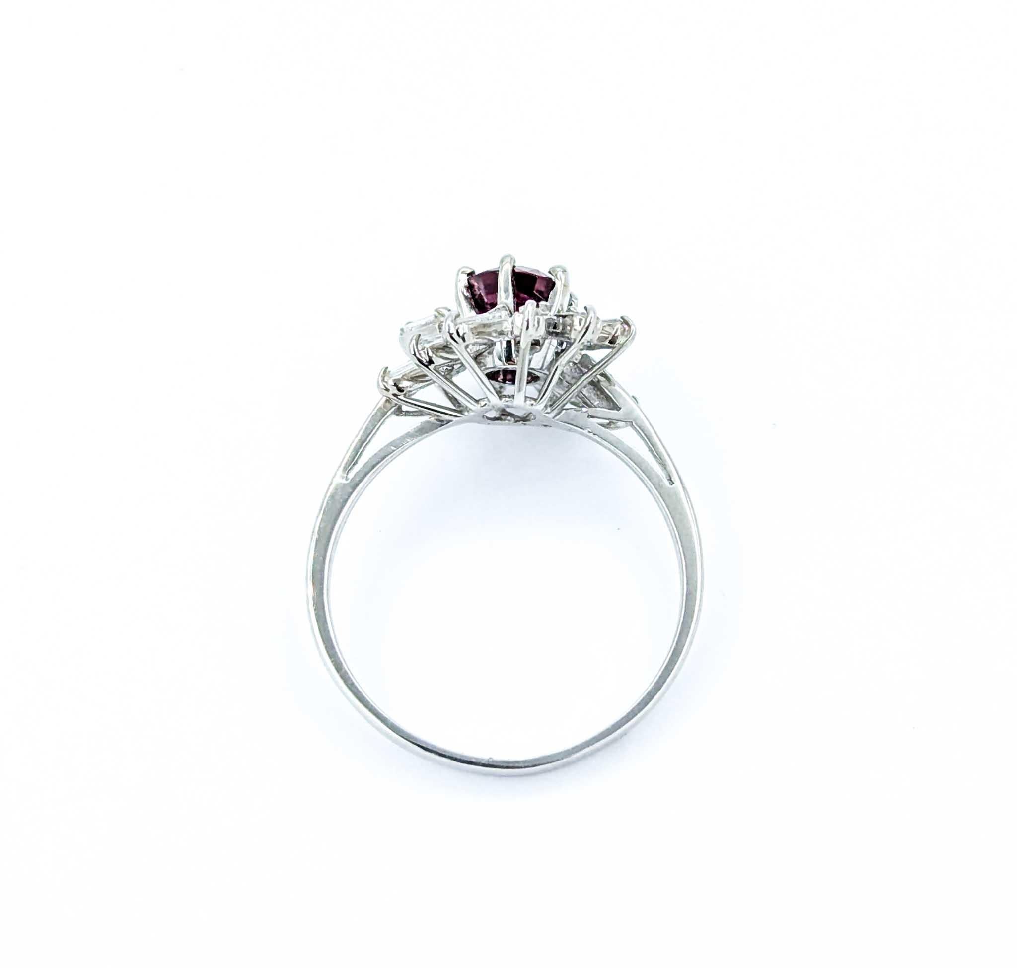 Delicate Ruby & Diamond Swirl Ring in 18k White Gold For Sale 1