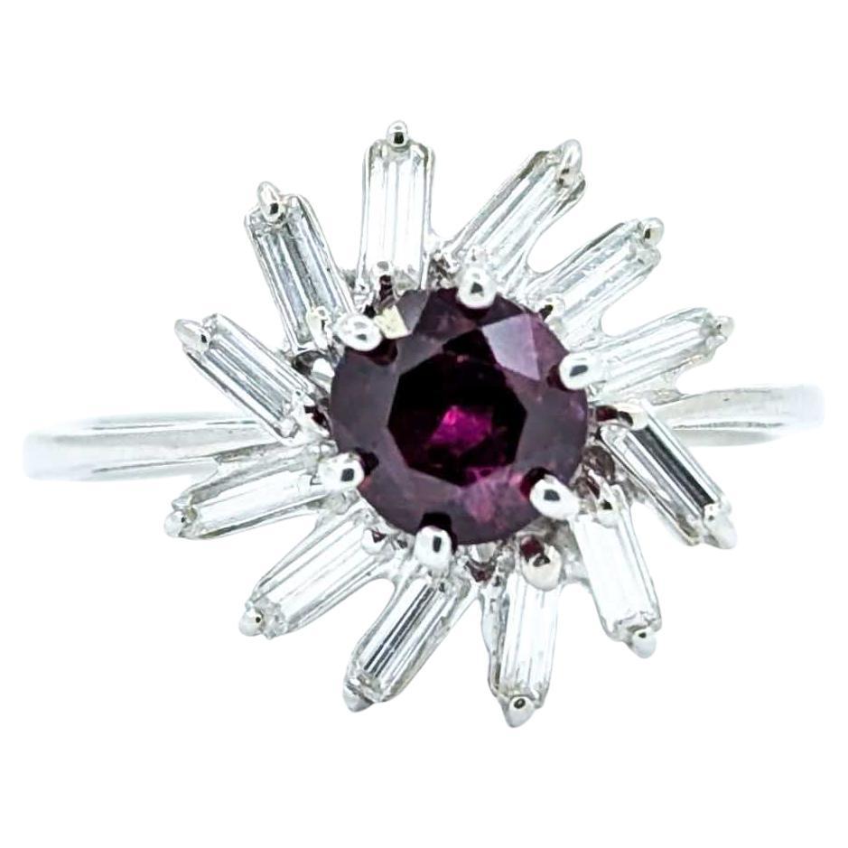 Delicate Ruby & Diamond Swirl Ring in 18k White Gold For Sale