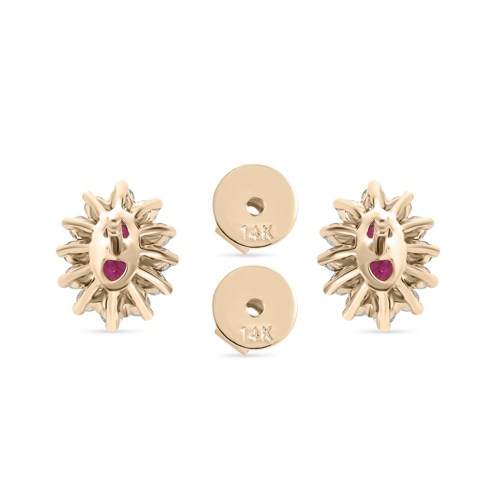 Boucles d'oreilles en or jaune 14k avec diamant et halo de rubis Cadeau de fête des mères en vente 1