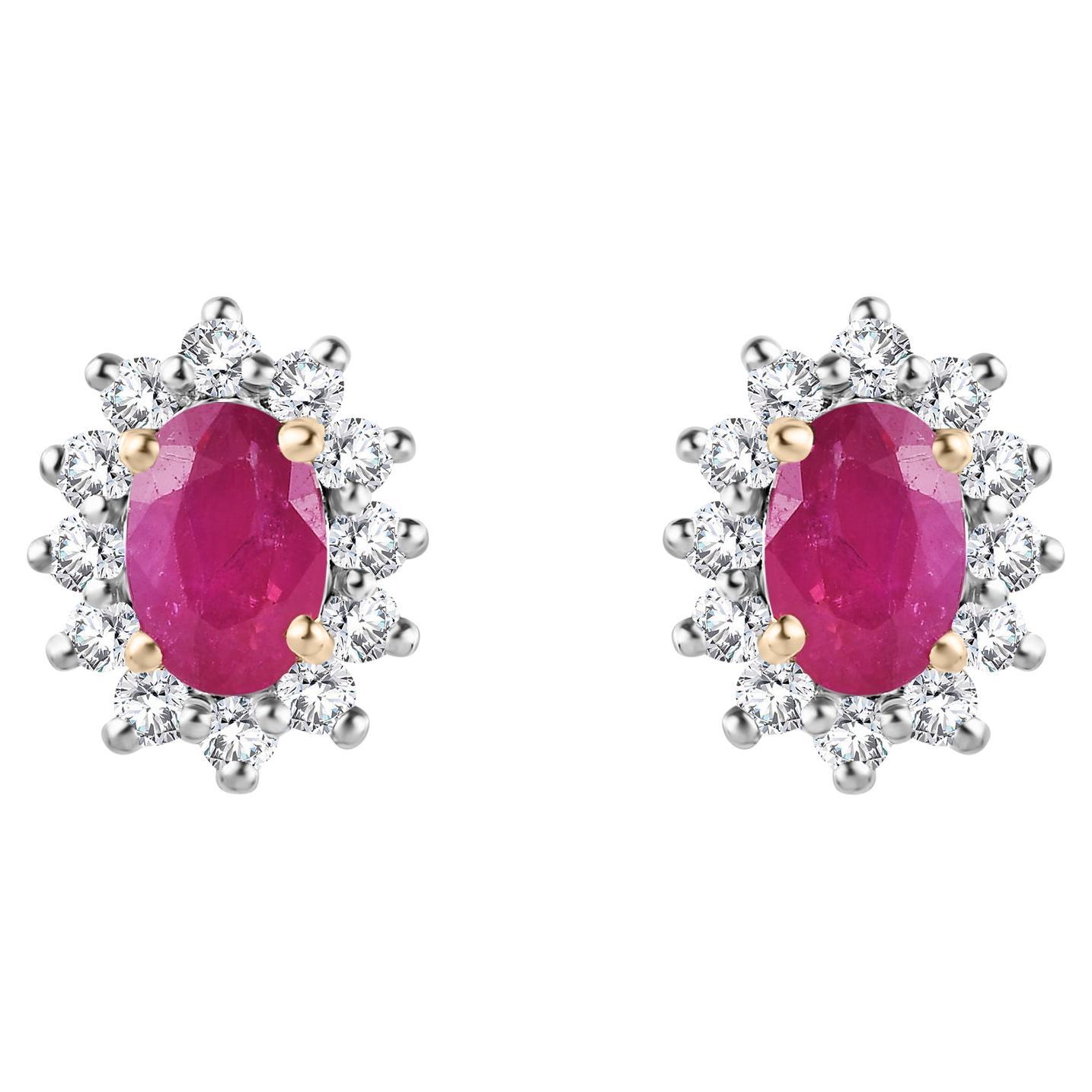 Delicate Ruby Halo Diamond Stud Earrings Mothers Day Gift in 14k Yellow Gold