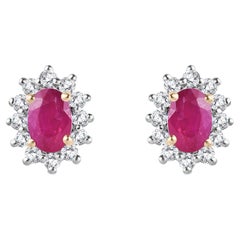 Delicate Ruby Halo Diamond Stud Earrings Mothers Day Gift in 14k Yellow Gold