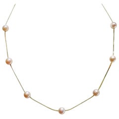Delicate Shiny Flat Braid 18k Gold Princess Necklace with 7 Pinkish White Pearls