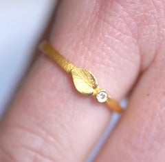 Delicate Single Leaf and Diamond Ring in 24kt Solid Gold