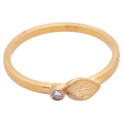Delicate Single Leaf and Diamond Ring in 24kt Solid Gold