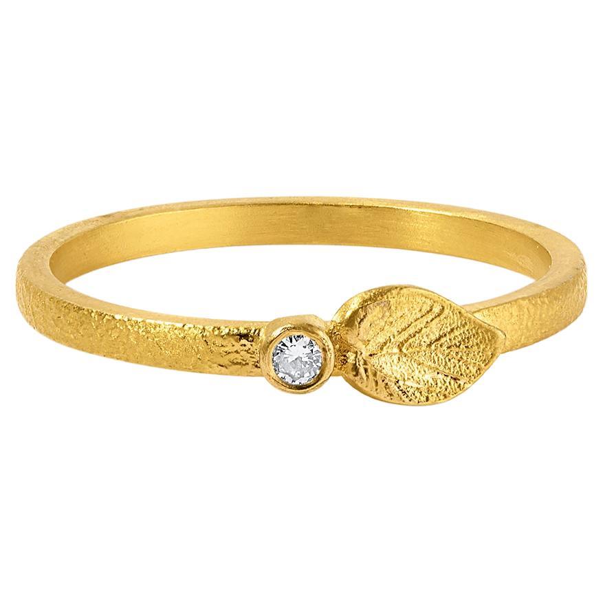 Delicate Single Leaf and Diamond Ring in 24kt Solid Gold