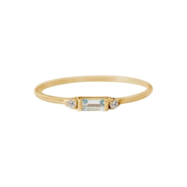 Delicate Slim Aquamarine Baguette Ring, Stackable Ring, Valentines Gift, 18k For Sale