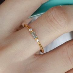 Delicate Slim Aquamarine Baguette Ring, Stackable Ring, Valentines Gift, 18k