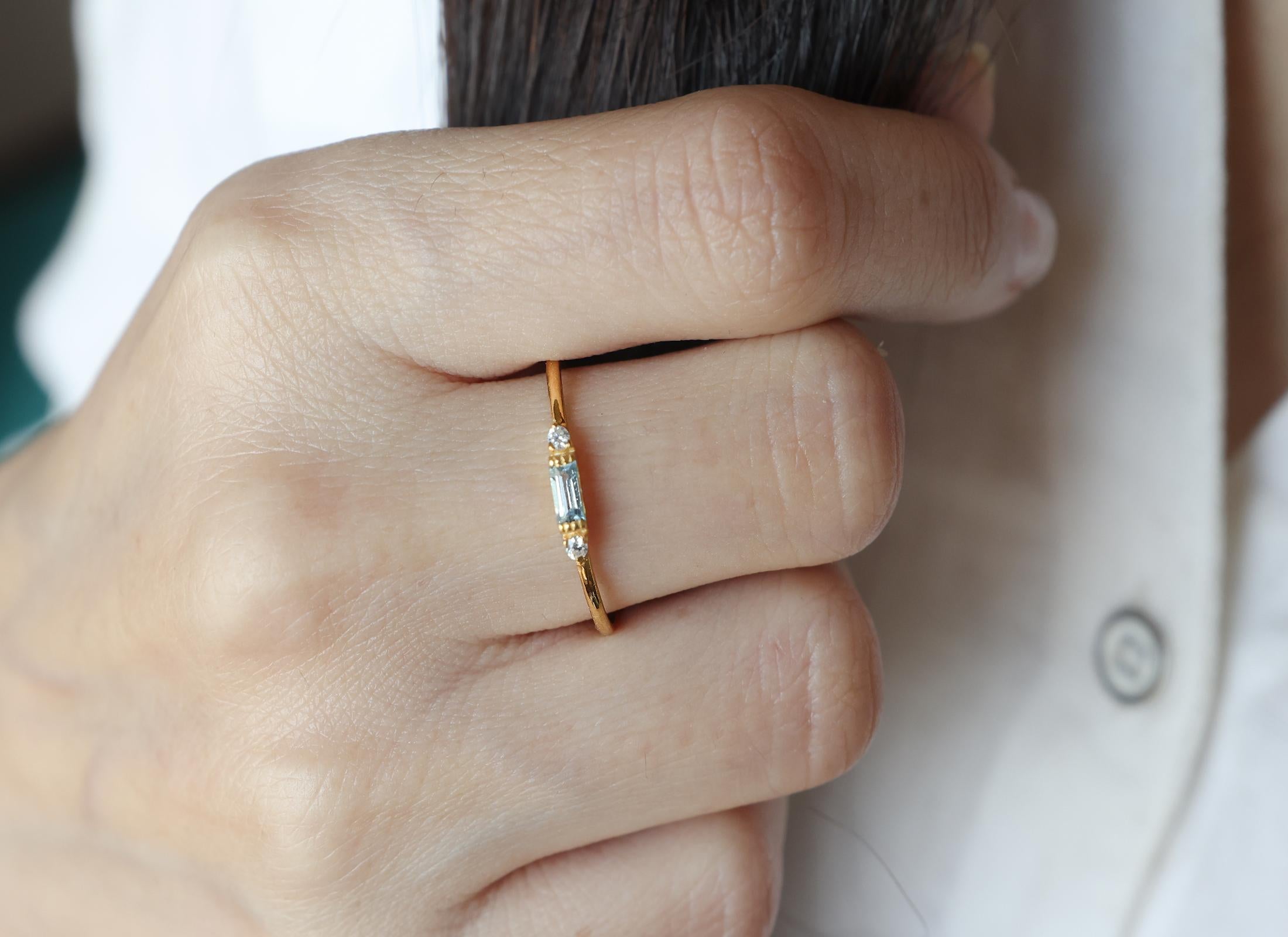 Artisan Delicate Slim Aquamarine Baguette Ring, Stackable Ring, Valentines Gift, 14k For Sale