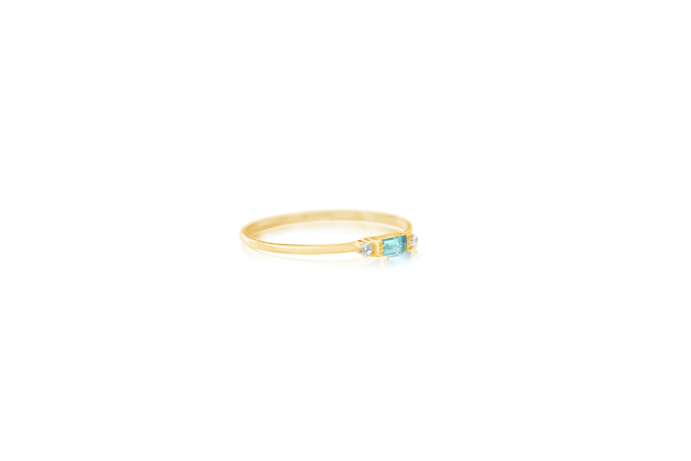 Delicate Slim Aquamarine Baguette Ring, Stackable Ring, Valentines Gift, 14k In New Condition For Sale In New York, NY