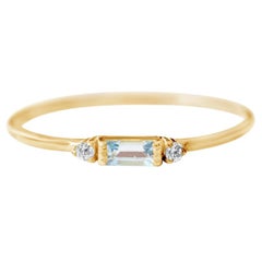 Delicate Slim Aquamarine Baguette Ring, Stackable Ring, Valentines Gift 18 Karat