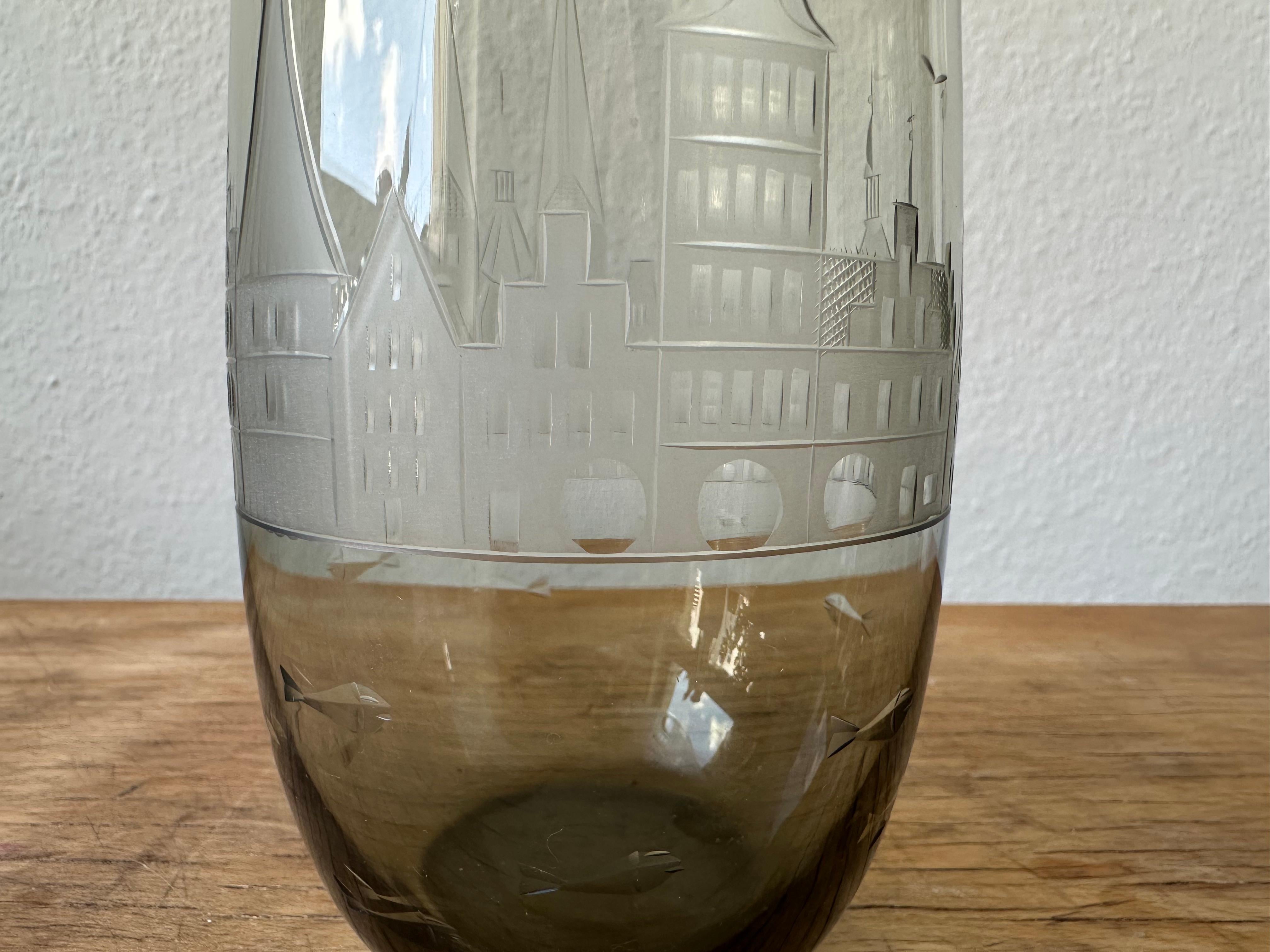 Delicate Smoky Grey Glass Vase by Carl Rotter, Lübeck Skyline Engraving For Sale 8