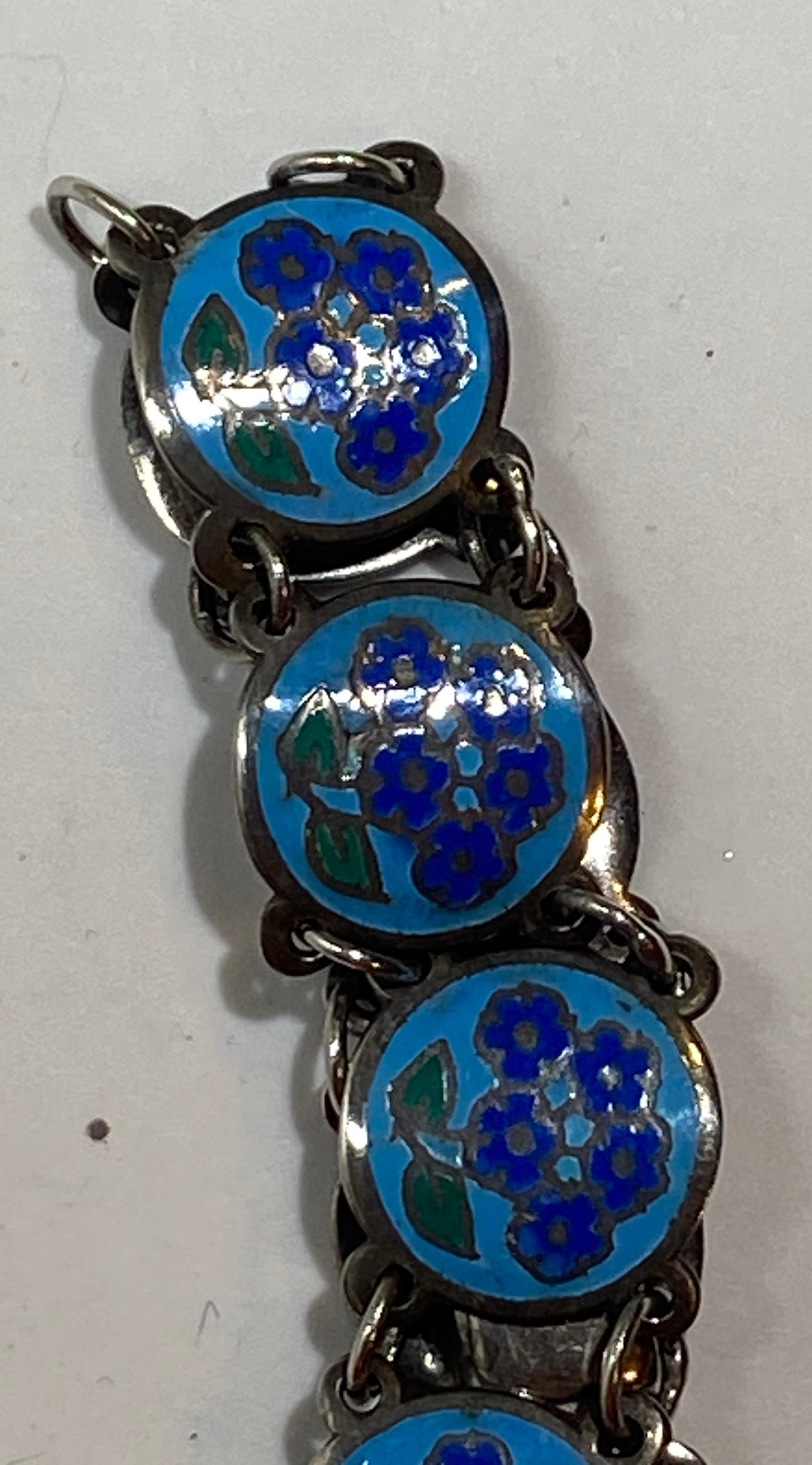 Delicate Sterling Silver With Floral Enamel Link Bracelet For Sale 5