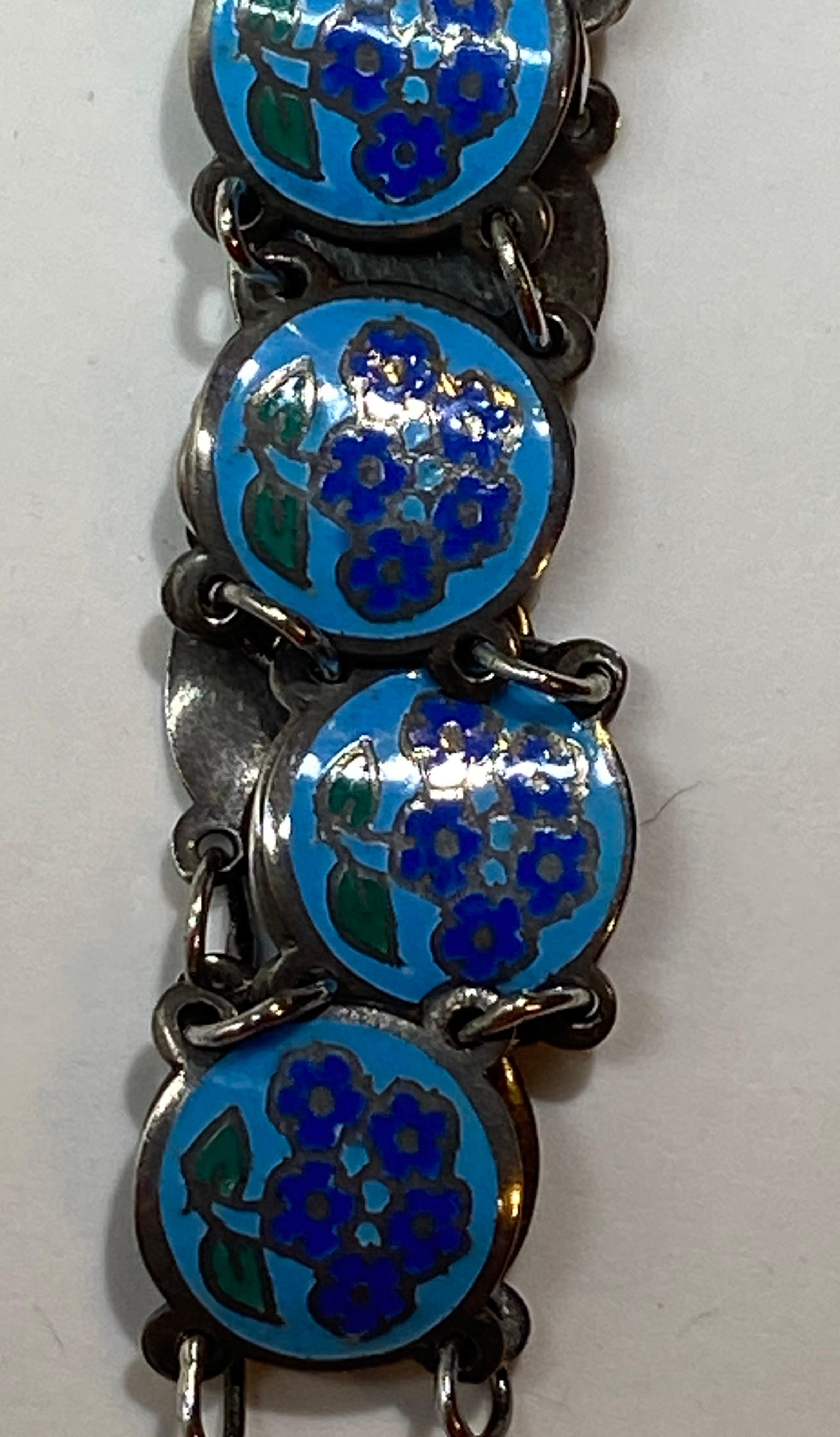 Zartes Gliederarmband aus Sterlingsilber mit floraler Emaille für Damen oder Herren im Angebot