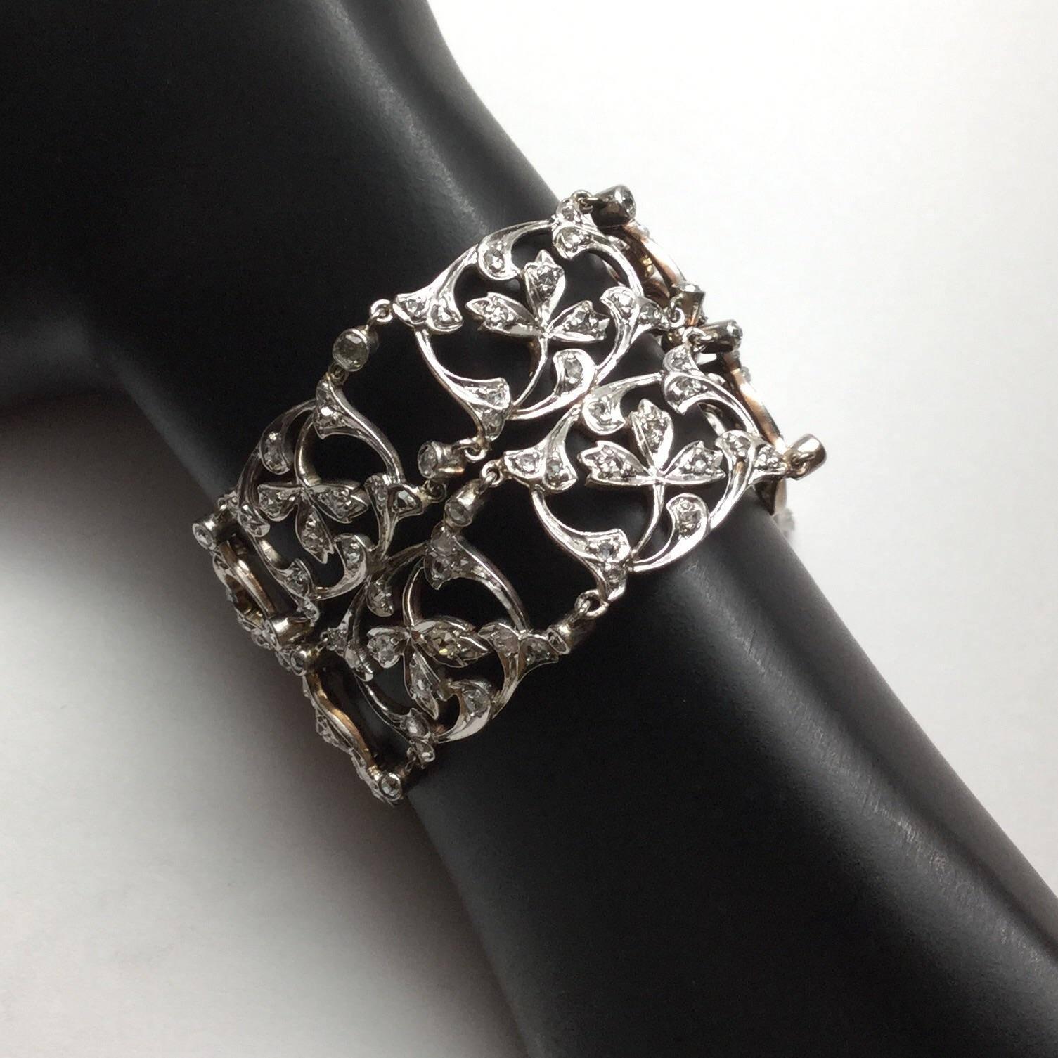 Women's Delicate Victorian Antique Design Platinum 18 Karat Gold Diamond Bracelet Floral