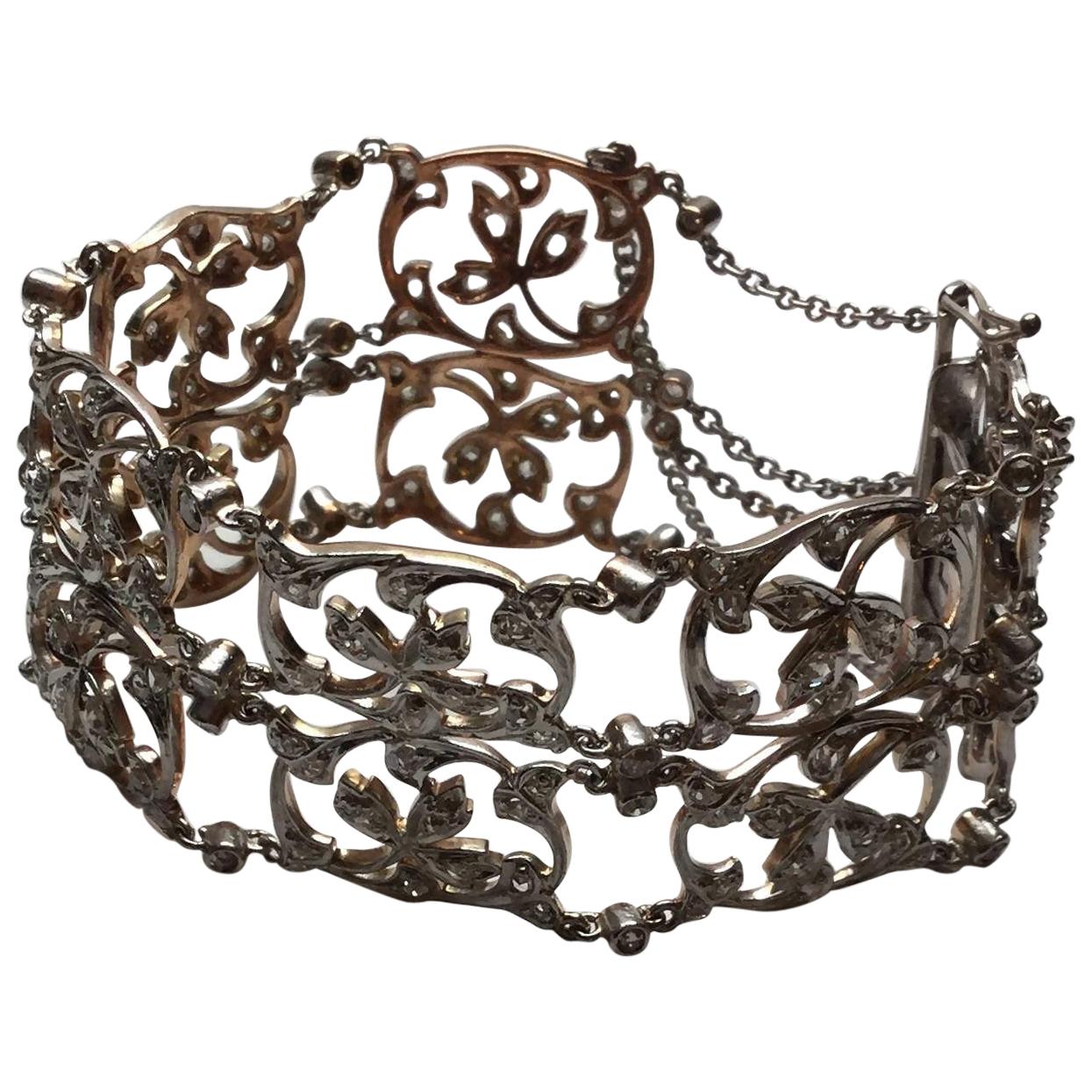 Delicate Victorian Antique Design Platinum 18 Karat Gold Diamond Bracelet Floral