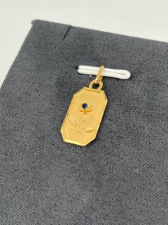 Delicate Vintage French 18k Gold Daisy Charm Blue Stone Pendant 9mm
