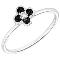 Delicate White Gold White Diamond Black Enamel Flower Ring for Her