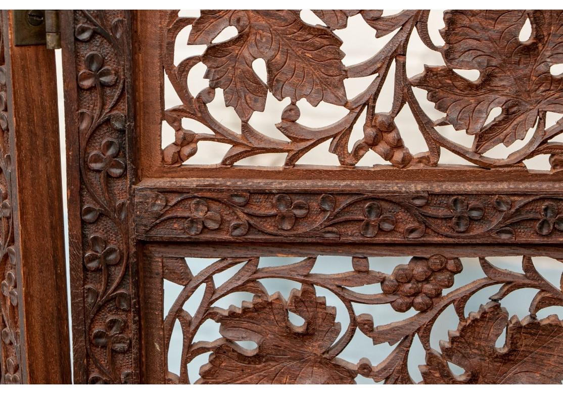 Indian Delicately Carved Wood 4 Panel Leaf And Grape Motif  Screen