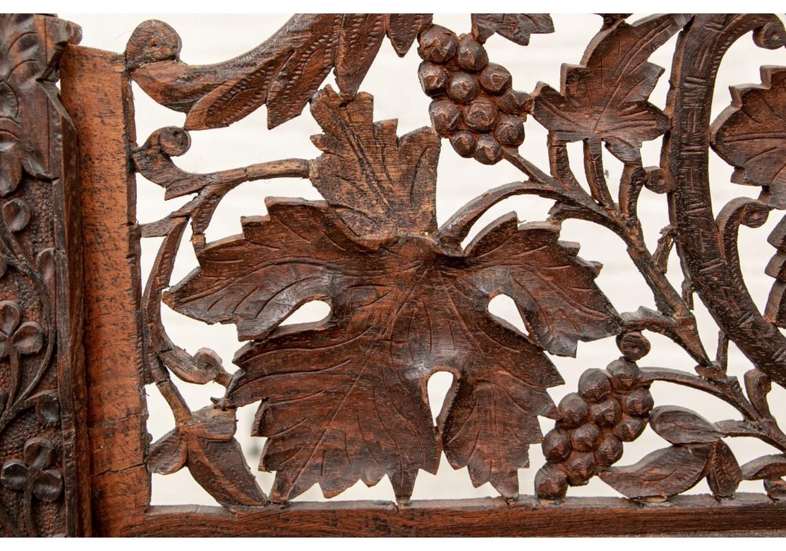 Hand-Carved Delicately Carved Wood 4 Panel Leaf And Grape Motif  Screen