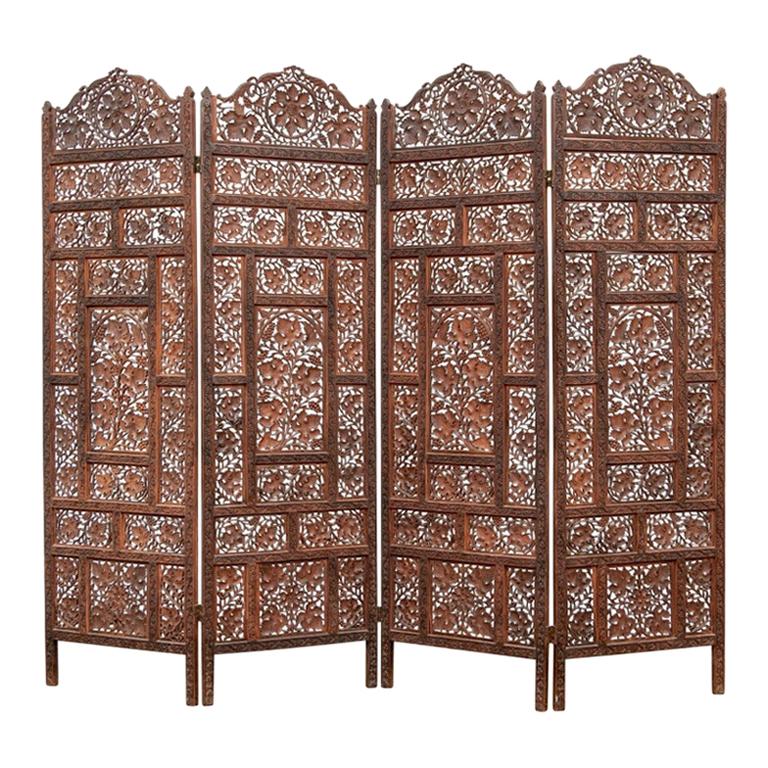 Delicately Carved Wood 4 Panel Leaf And Grape Motif  Screen