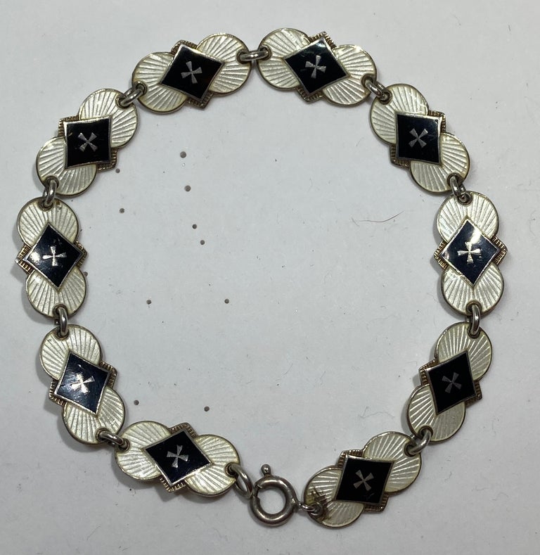 Delicately Detailed Sterling Silver with Black and Cream Enamel Overlay  Bracelet