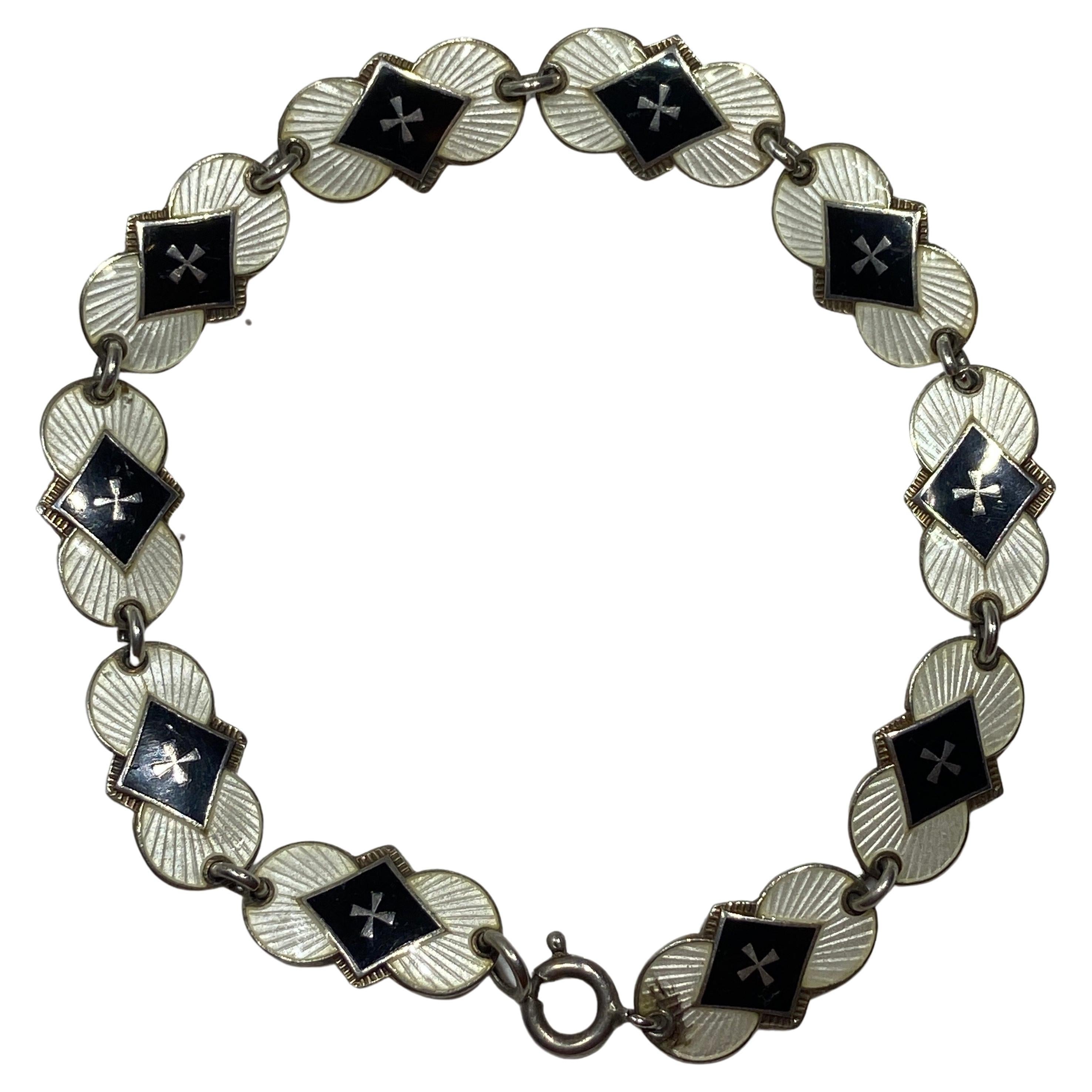 Delicately Detailed Sterling Silver with Black and Cream Enamel Overlay Bracelet For Sale