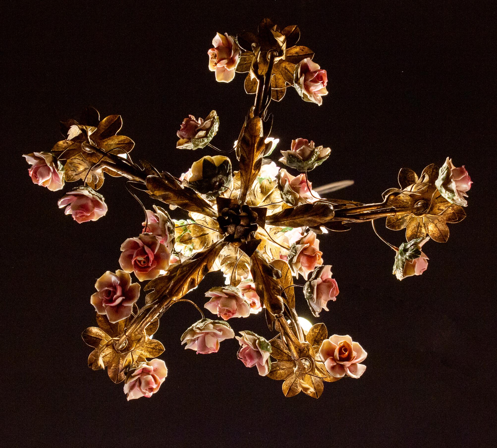 Delicious 19th Century Chandelier with Colorful Porcelain Flowers For Sale 6