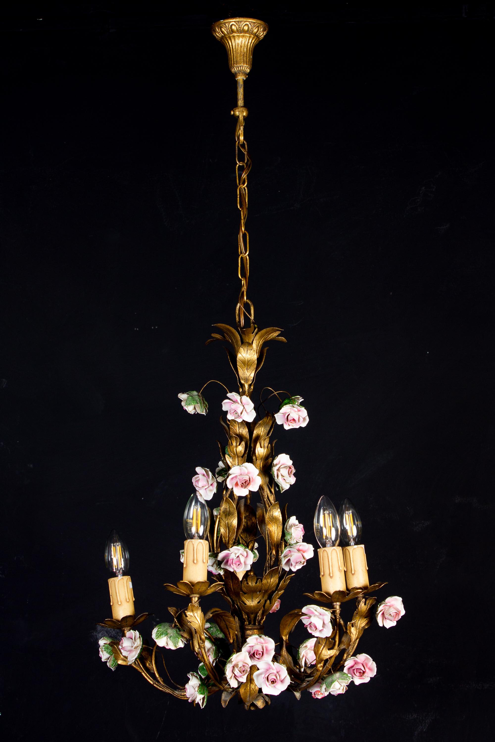 Metal Delicious 19th Century Chandelier with Colorful Porcelain Flowers For Sale
