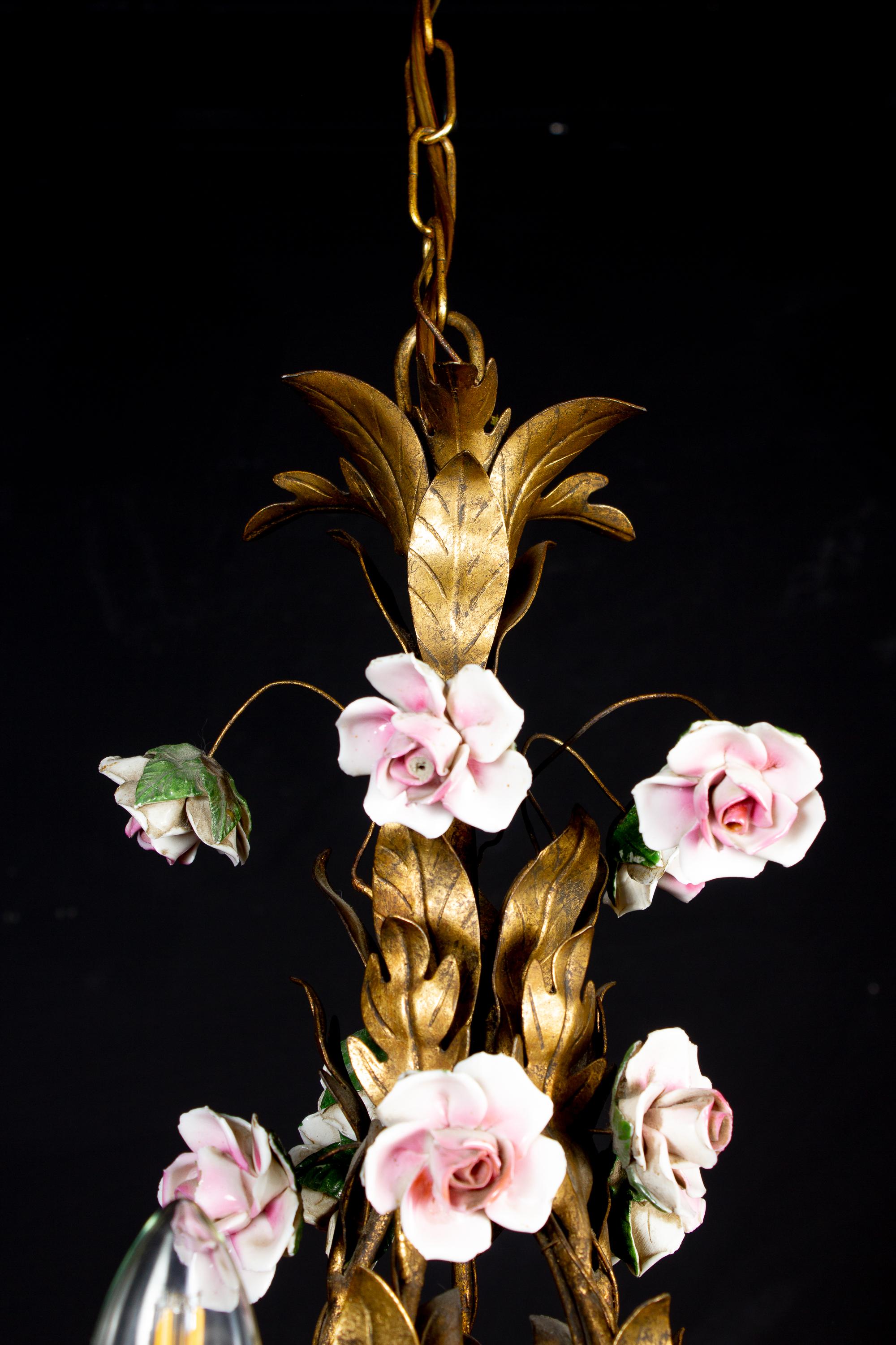 Delicious 19th Century Chandelier with Colorful Porcelain Flowers For Sale 1