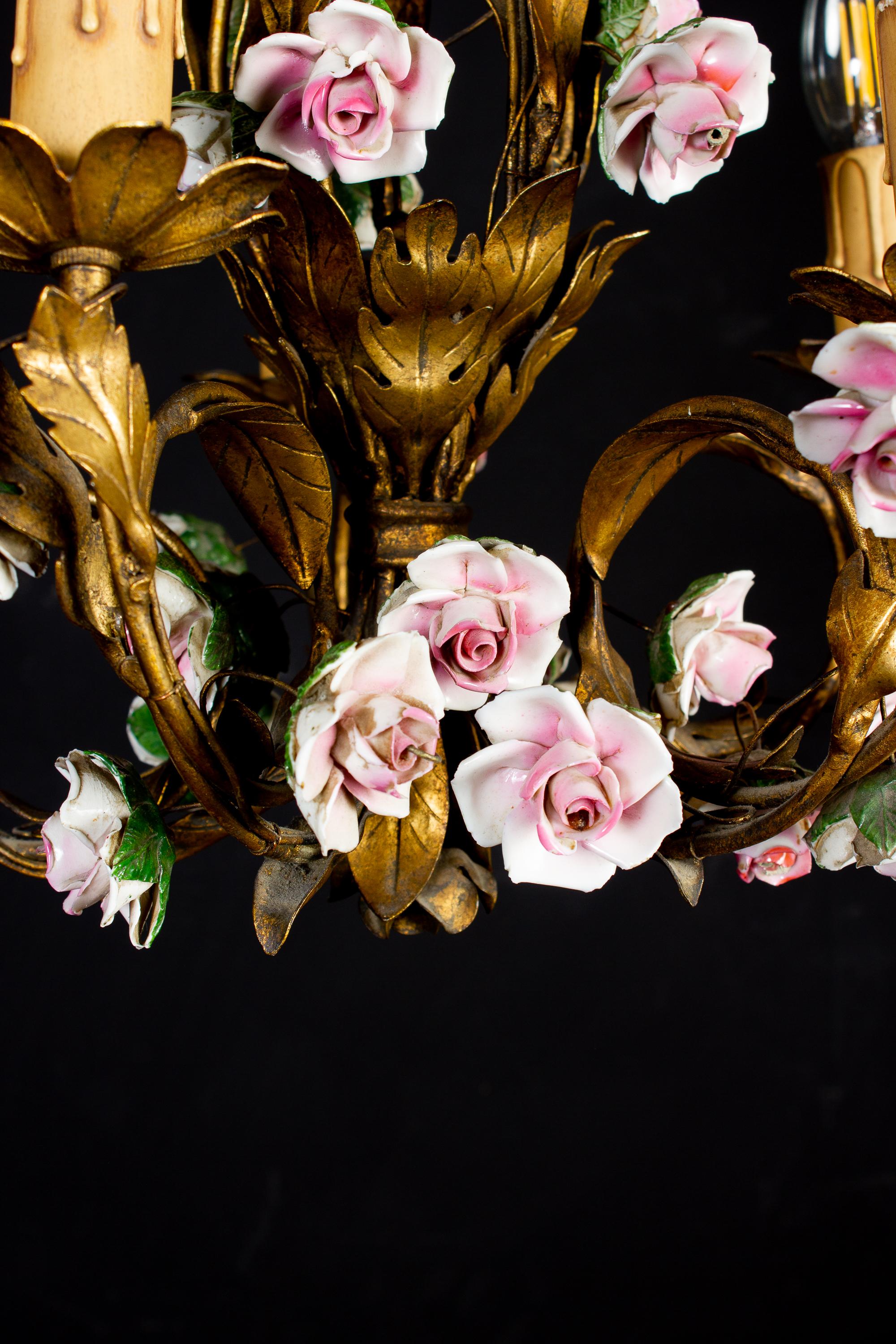 Delicious 19th Century Chandelier with Colorful Porcelain Flowers For Sale 2