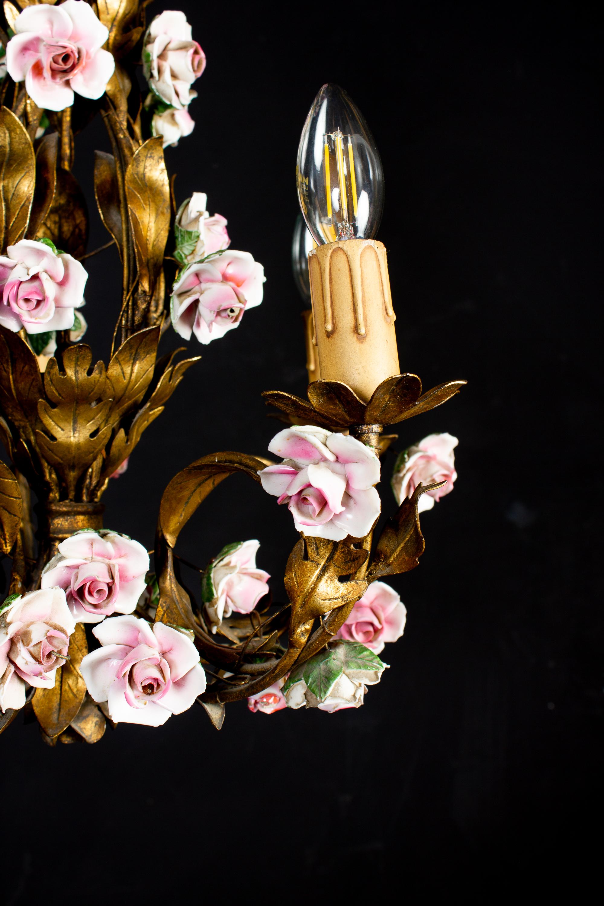 Delicious 19th Century Chandelier with Colorful Porcelain Flowers For Sale 3