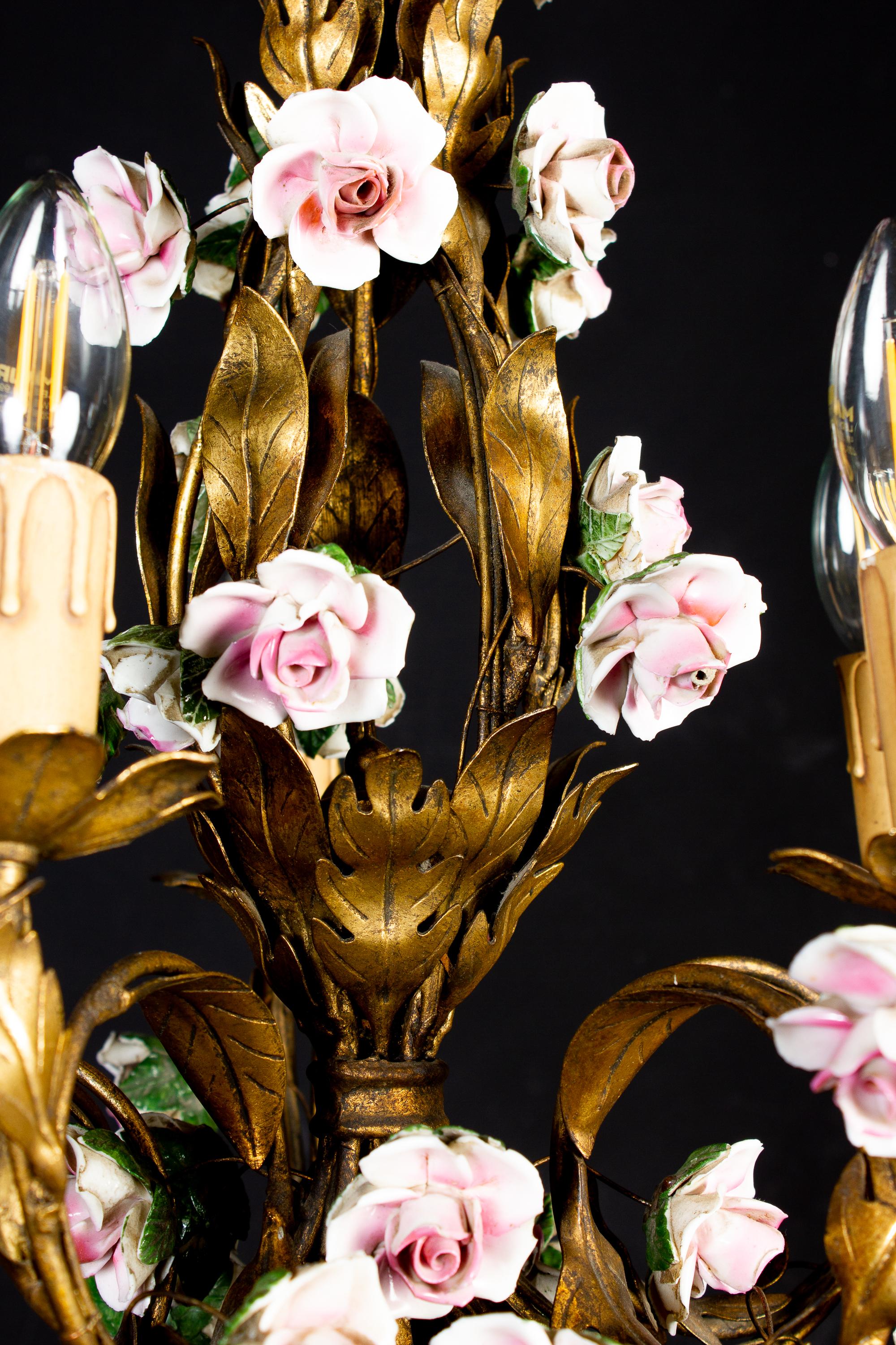 Delicious 19th Century Chandelier with Colorful Porcelain Flowers For Sale 4