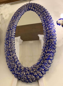 Delicious Blu Flower Oval Shaped Murano Glass Mirror
