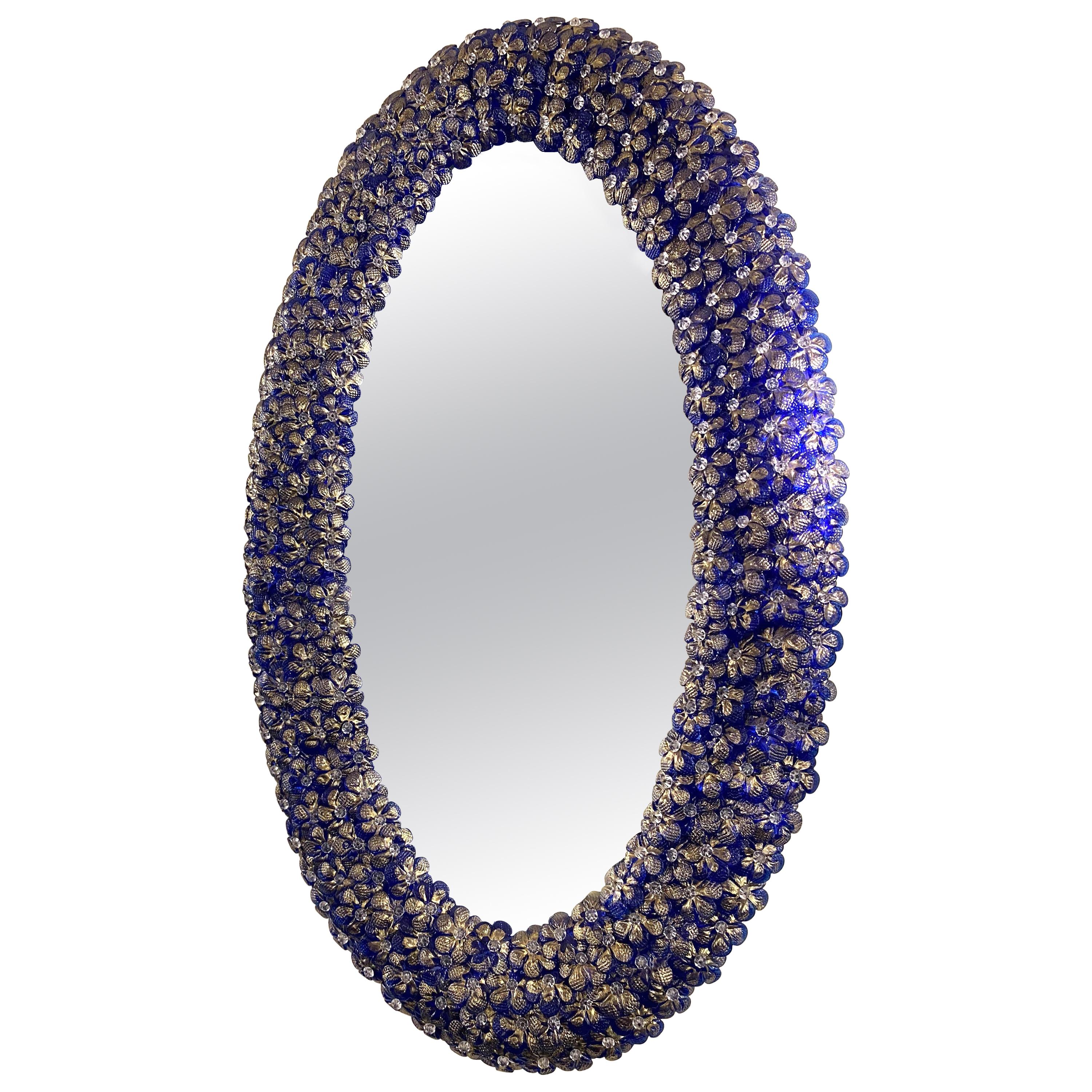 Delicious Blu Flower Oval Shaped Murano Glass Mirror For Sale