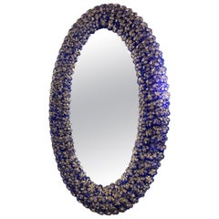 Delicious Blu Flower Oval Shaped Murano Glass Mirror